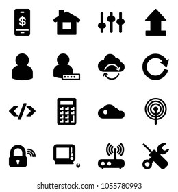 Solid vector icon set - mobile payment vector, home, settings, uplooad, user, password, refresh cloud, reload, tag code, calculator, antenna, wireless lock, monoblock pc, wi fi router
