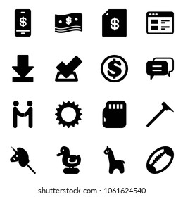 Solid vector icon set - mobile payment vector, cash, account statement, website, download, check, dollar, dialog, agreement, sun, micro flash card, mason hammer, toy unicorn stick, duck, giraffe