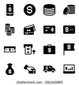 Solid vector icon set - mobile payment vector, dollar coin, credit card, tap pay, cash, atm, money case, flag, bag, encashment car, account statistics