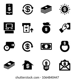 Solid vector icon set - mobile payment vector, dollar exchange, sun, atm, money bag, cash pay, wallet time, reload, finger ring, home, business idea, mail
