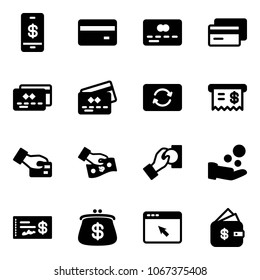 Solid vector icon set - mobile payment vector, credit card, exchange, receipt, pay, cash, check, purse, cursor browser, finance management