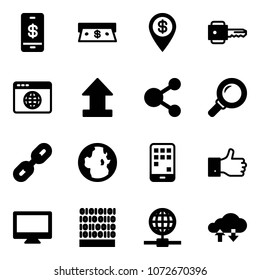 Solid vector icon set - mobile payment vector, cash, dollar pin, key, browser globe, uplooad, share, magnifier, link, finger up, monitor, binary code, cloud exchange data