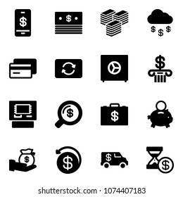 Solid vector icon set - mobile payment vector, dollar, big cash, money rain, credit card, exchange, safe, bank, atm, search, case, piggy, investment, back, encashment car, account history