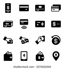 Solid vector icon set - mobile payment vector, credit card, tap pay, cash, money back, wallet, finance management, atm map pin