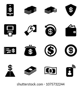 Solid vector icon set - mobile payment vector, dollar, cash, safe, atm, pay, money back, wallet, check, purse, identity card
