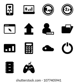 Solid vector icon set - mobile heart monitor vector, account statistics, no trailer road sign, limited width, cursor browser, uplooad, user password, folder, calculator, cloud, standby button, chip