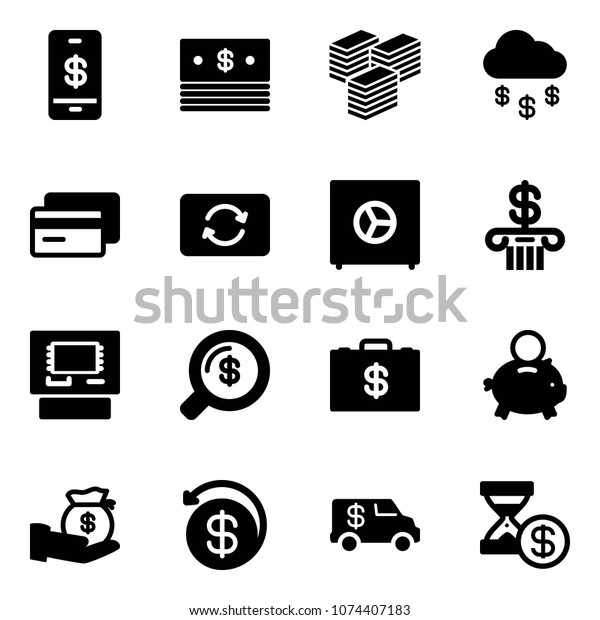 Solid\
vector icon set - mobile payment vector, dollar, big cash, money\
rain, credit card, exchange, safe, bank, atm, search, case, piggy,\
investment, back, encashment car, account\
history