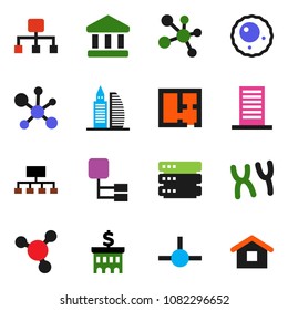 solid vector icon set - molecule vector, bank, building, hierarchy, chromosomes, ovule, connect, big data, plan, office, home