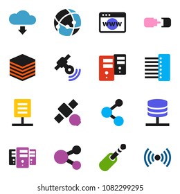 solid vector icon set - molecule vector, satellite, satelite, jack, connection, network server, big data, browser, hub, share, cloud download, document, wireless