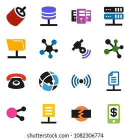 solid vector icon set - molecule vector, satellite, social media, connection, network folder, server, document, disconnection, wireless, phone, tap pay