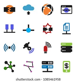 solid vector icon set - molecule vector, satellitie, connect, connection, network, server, disconnection, big data, browser, usb modem, cloud upload, document, wireless, tap pay