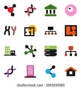 solid vector icon set - molecule vector, bank, hierarchy, dna, chromosomes, ovule, big data, plan, apartments, building, home
