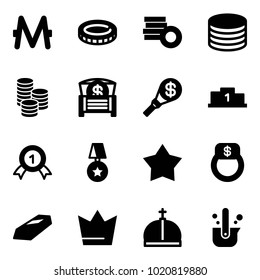Solid vector icon set - monero vector, coin, money chest, torch, pedestal, gold medal, star, finger ring, crown, casting of steel