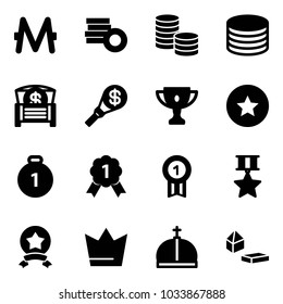 Solid vector icon set - monero vector, coin, money chest, torch, gold cup, star medal, crown, constructor blocks