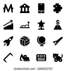 Solid vector icon set - monero vector, bank, phone, puzzle, growth, award, dollar, rocket, volleyball, globe, saw, staple, excavator toy, piano, cat