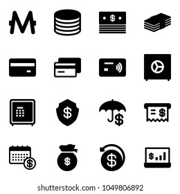 Solid vector icon set - monero vector, coin, dollar, credit card, tap pay, safe, insurance, receipt, calendar, money bag, back, account statistics