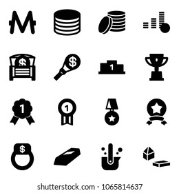 Solid vector icon set - monero vector, coin, money chest, torch, pedestal, win cup, gold medal, star, finger ring, casting of steel, constructor blocks