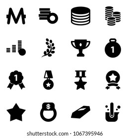 Solid vector icon set - monero vector, coin, golden branch, gold cup, medal, star, finger ring, casting of steel