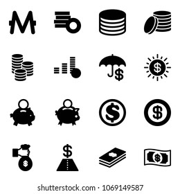 Solid vector icon set - monero vector, coin, insurance, dollar sun, piggy bank, rich, money