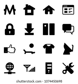 Solid vector icon set - monero vector, home, website, locked, download, pause, dialog, finger up, lounger, t shirt, satellite antenna, globe, fine signal, server, wrench screwdriver