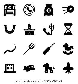 Solid vector icon set - money chest vector, phone horn, bag, first satellite, luck, sand fort, clock, sickle, farm fork, awl, rocking horse, abacus, plane toy, wheel