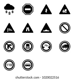 Solid vector icon set - money rain vector, no way road sign, intersection, railway, side wind, narrows, artificial unevenness, prohibition, dangerous cargo, limited distance, truck, speed limit 110