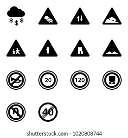 Solid vector icon set - money rain vector, multi lane traffic road sign, oncoming, steep descent, children, intersection, narrows, rough, no horn, speed limit 20, 120, dangerous cargo, turn back