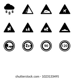 Solid vector icon set - money rain vector, landslide road sign, climb, airport, abrupt turn right, children, railway intersection, artificial unevenness, no trailer, limited width, speed limit 90
