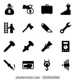 Solid vector icon set - money bag vector, encashment, case, success, opportunity, axe, work knife, wrench, nail, dowel, multimeter, soldering iron, generator, winch, allen key set