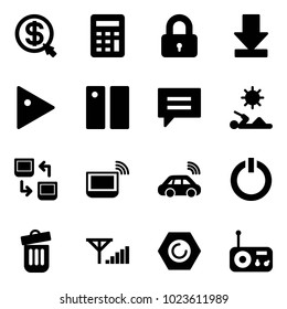 Solid vector icon set - money click vector, calculator, locked, download, play, pause, chat, reading, data exchange, notebook wi fi, car wireless, standby button, trash bin, fine signal, nut, radio