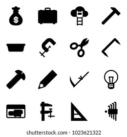 Solid vector icon set - money bag vector, case, cloud ladder, hammer, basin, clamp, scissors, staple, screw, pencil, scythe, bulb, generator, corner ruler, allen key set