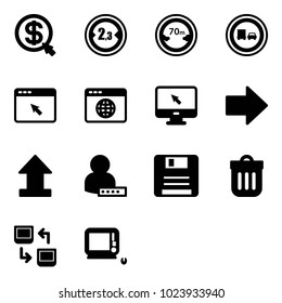Solid vector icon set - money click vector, limited width road sign, distance, no truck overtake, cursor browser, globe, monitor, right arrow, uplooad, user password, save, trash bin, data exchange