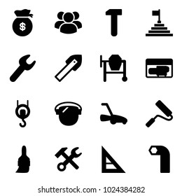 Solid vector icon set - money bag vector, group, work, pyramid flag, wrench, tile drill, cocncrete mixer, generator, winch, protect glass, lawn mower, paint roller, brush, hammer, corner ruler