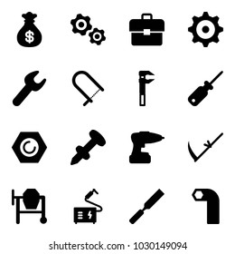 Solid vector icon set - money bag vector, gears, portfolio, gear, wrench, fretsaw, screwdriver, nut, nail dowel, drill, scythe, cocncrete mixer, welding, rasp, allen key