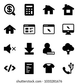 Solid vector icon set - money click vector, calculator, home, website, cursor browser, monitor, volume off, download, user password, upload cloud, tag code, document, t shirt, phone