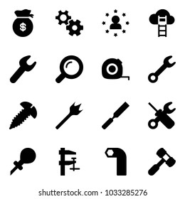 Solid vector icon set - money bag vector, gear, star man, cloud ladder, wrench, magnifier, measuring tape, screw, wood drill, rasp, screwdriver, oiler, clamp, allen key, toy hammer