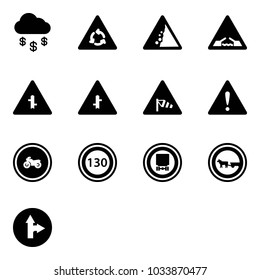 Solid vector icon set - money rain vector, round motion road sign, landslide, drawbridge, intersection, side wind, attention, no moto, speed limit 130, dangerous cargo, cart horse