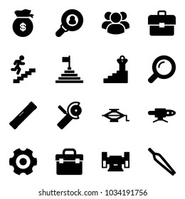 Solid vector icon set - money bag vector, head hunter, group, portfolio, career, pyramid flag, success, magnifier, level, Angular grinder, jack, pipe welding, gear, tool box, sharpening, forceps