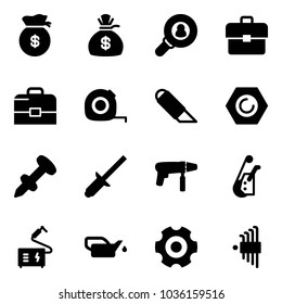 Solid vector icon set - money bag vector, head hunter, portfolio, case, measuring tape, work knife, nut, nail dowel, clinch, drill machine, winch, welding, oiler, gear, allen key set