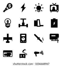Solid vector icon set - money torch vector, lightning, bulb, tv news, business idea, gyroscope, water power plant, battery, milling cutter, multimeter, soldering iron, jig saw, generator, welding