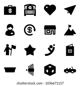 Solid vector icon set - money case vector, chest, heart, paper plane, manager, dollar reload, store, mountain, win, star medal, flying man, passport, basin, allen key set, cube toy, car