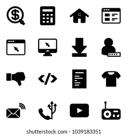 Solid vector icon set - money click vector, calculator, home, website, cursor browser, monitor, download, user password, dislike, tag code, document, t shirt, wireless mail, phone, playback, radio