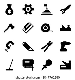 Solid vector icon set - money bag vector, gear, pyramid flag, saw, axe, trowel, measuring tape, jointer, clamp, work knife, bolt cutter, drill, rake, jig, oiler, stapler