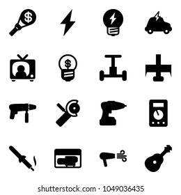 Solid vector icon set - money torch vector, lightning, idea, electric car, tv news, business, gyroscope, milling cutter, drill machine, Angular grinder, multimeter, soldering iron, generator, dryer