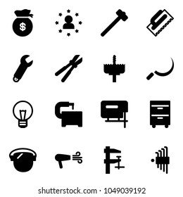 Solid vector icon set - money bag vector, star man, sledgehammer, trowel, wrench, bolt cutter, crown drill, sickle, bulb, machine tool, jig saw, cabinet, protect glass, dryer, clamp, allen key set