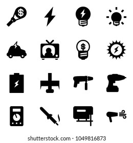 Solid vector icon set - money torch vector, lightning, idea, bulb, electric car, tv news, business, sun power, battery, milling cutter, drill machine, multimeter, soldering iron, jig saw, dryer