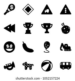 Solid vector icon set - money torch vector, main road sign, tractor way, traffic light, fast backward, win cup, gold, moon flag, smile, banana, balloon, excavator toy, horn, horse, beach ball, bus