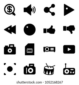 Solid vector icon set - money click vector, volume medium, share, play, fast backward, record, like, dislike, camera, sim, projector, playback, button, drum, radio