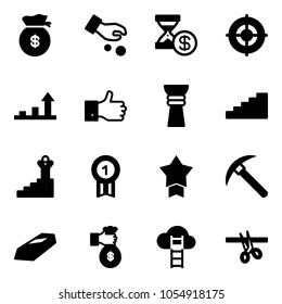 Solid vector icon set - money bag vector, investment, account history, target, growth arrow, finger up, award, stairs, success, gold medal, star, rock axe, rich, cloud ladder, opening
