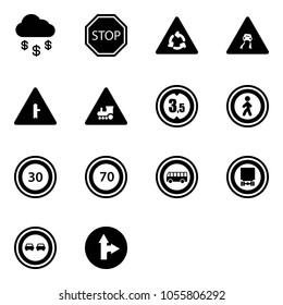 Solid vector icon set - money rain vector, stop road sign, round motion, slippery, intersection, railway, limited height, no pedestrian, speed limit 30, 70, bus, dangerous cargo, overtake